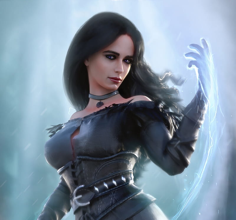 Yennefer, frumusete, fantasy, kirill repin, the witcher, black, hand, gil, HD wallpaper