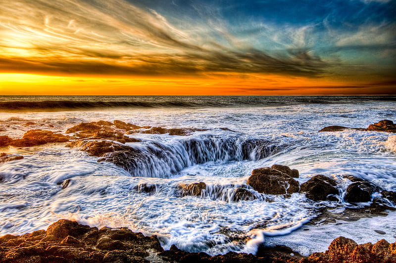 Thor's Well, pretty, rocks, oregon, ocean, well, bonito, sunset, sky, clouds, sea, water, cooks, chasm, thors, HD wallpaper