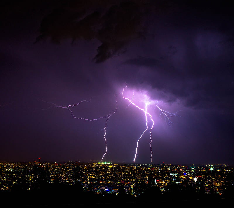 Purple lightning, city, landscape, storm, HD wallpaper