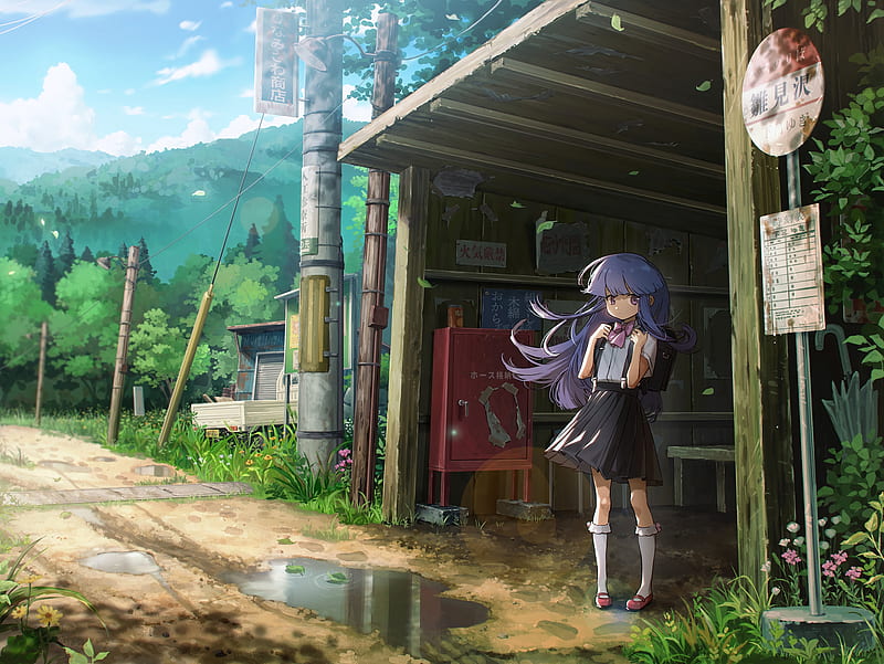 furude rika, higurashi no naku koro ni, bus stop, purple hair, school uniform, Anime, HD wallpaper
