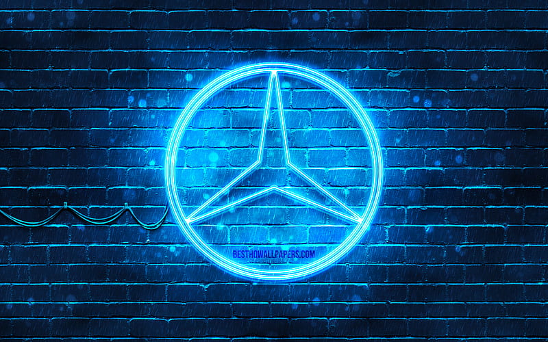 Mercedes-Benz blue logo blue brickwall, Mercedes-Benz logo, cars brands, Mercedes logo, Mercedes-Benz neon logo, Mercedes-Benz, HD wallpaper
