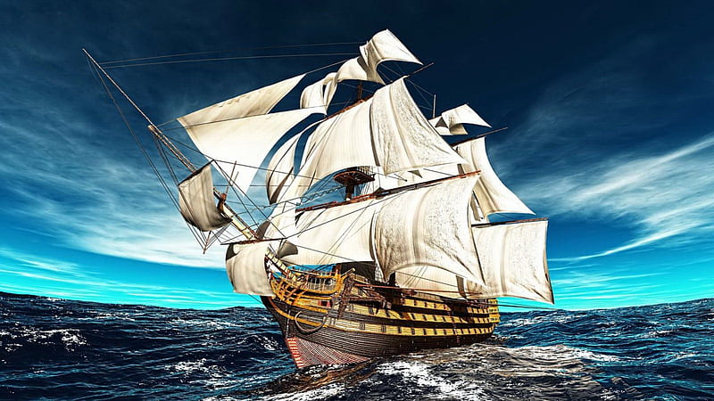 Sailing frigate, amazing, lovely, ocean, sailing, bonito, waves, sky, sea, frigate, nice, water, ship, nature, sailboat, blue, HD wallpaper