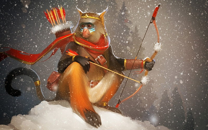 Monkey King, red, art, year, animal, winter, arrow, fantasy, archer, white, HD wallpaper