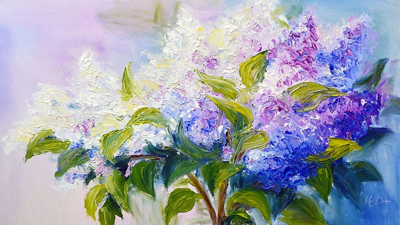 Painted Lilac Bouquet, fragrant, painting, summer, flowers, spring, lilacs, light, floral, HD wallpaper
