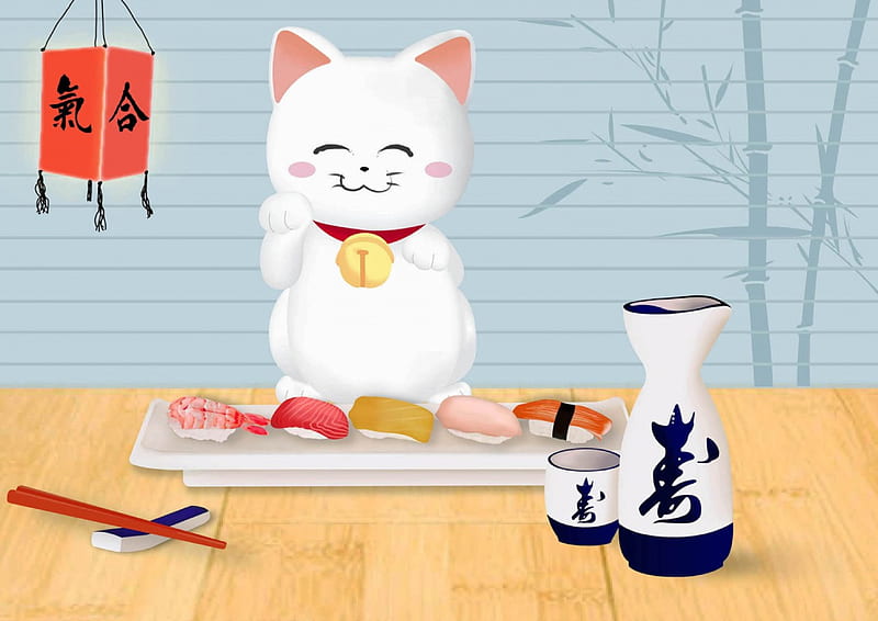 Maneki, lucky cat, pretty, hungry, sushi, adorable, sweet, nice, sake, lucky, delicious, lovely, food, kitty, cat, happy, cute, kawaii, oriental, luck, kitten, luck cat, HD wallpaper