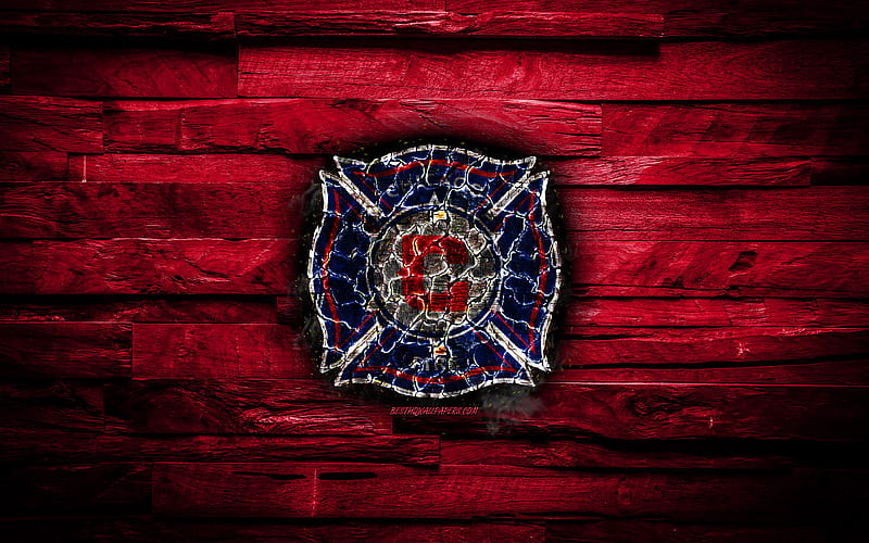 Chicago Fire FC scorched logo, MLS, purple wooden background, american football club, Eastern Conference, grunge, soccer, Chicago Fire logo, fire texture, USA, HD wallpaper