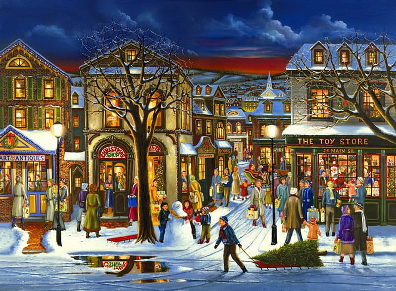 Christmas shopping, sleigh, shop, shopping, lights, city, people, painting, evening, art, holiday, christmas, town, new year, sky, winter, santa, snow, HD wallpaper