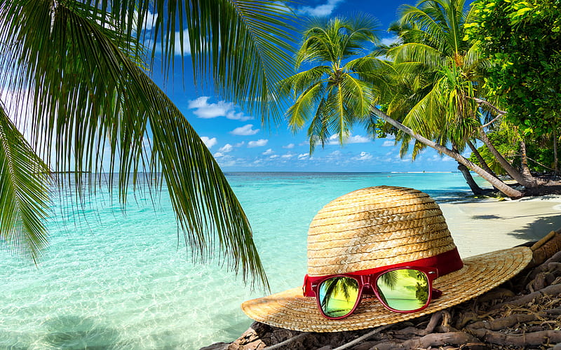 summer trips, tropical islands, ocean, beach hat with glasses, beach accessories, summer, palms, HD wallpaper