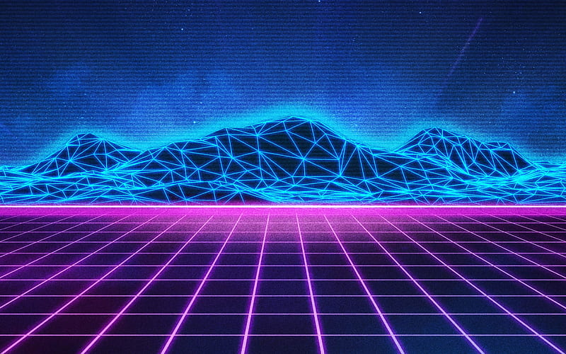 Neon mountain landscape, neon light lines, purple grid, electro music, Synthpop, Retrowave, HD wallpaper