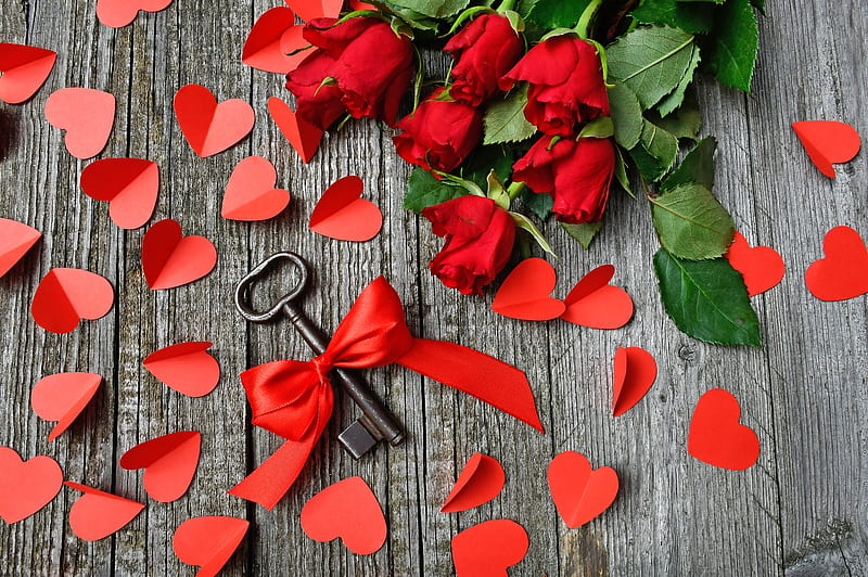 key, ribbon, corazones, roses, HD wallpaper