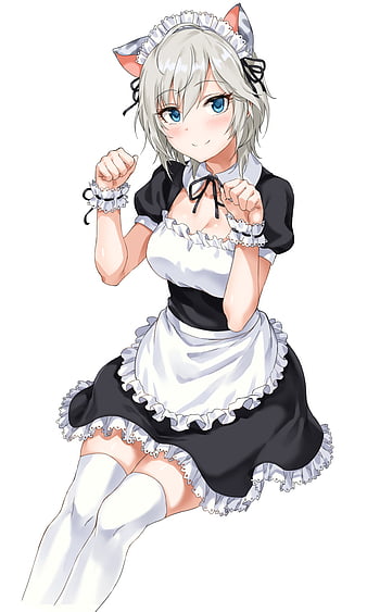 Anime maid girl, apron, maid outfit, gray hair, shy expression, Anime ...