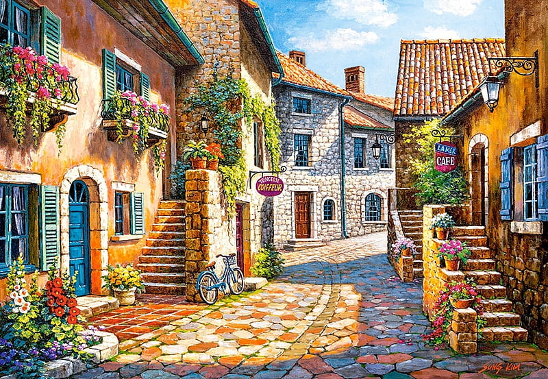 Village Road, houses, painting, cobblestone, bicycle, flowers, stairs, artwork, HD wallpaper