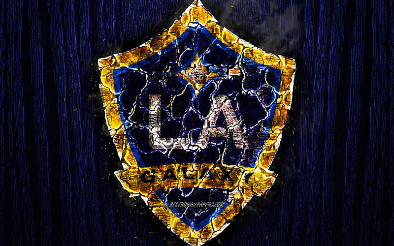Los Angeles Galaxy FC, scorched logo, MLS, blue wooden background, Western Conference, american football club, grunge, Major League Soccer, LA Galaxy, football, soccer, Los Angeles Galaxy logo, fire texture, USA, HD wallpaper