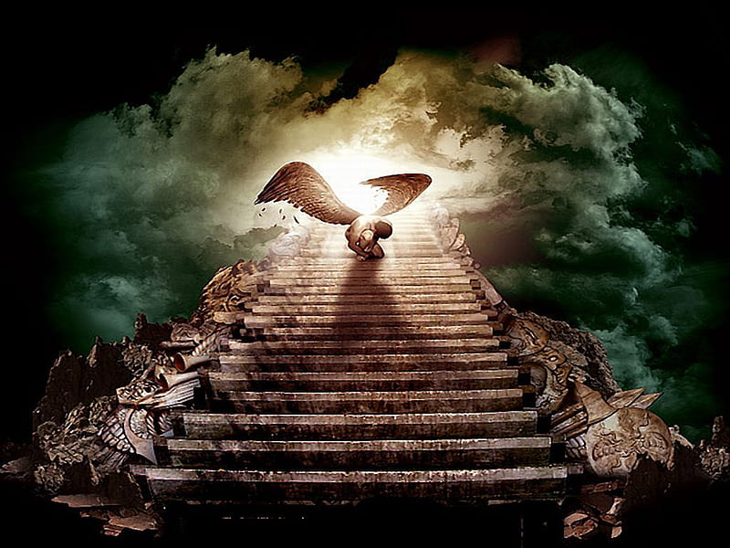 Remembrance II, angel, black, cat, abstract, clouds, graphy, remember, remembrance, heaven, stairway, blackcat, HD wallpaper