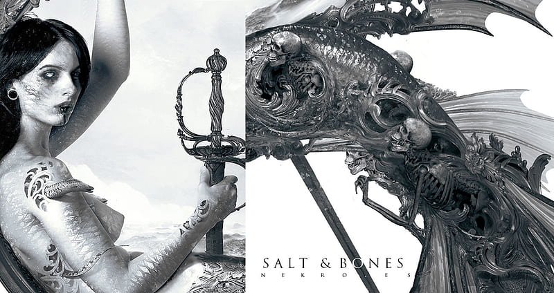 Salt and bones, nekro, black, mermaid, collage, fantasy, bw, girl, white, HD wallpaper