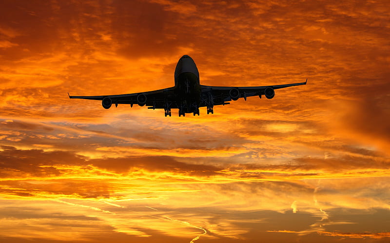 Boeing 747, Passenger plane, sunset, airliner at sunset, Boeing, air travel, HD wallpaper