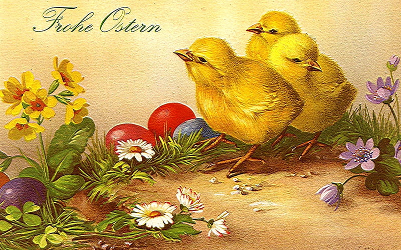 Frohe Ostern, Easter eggs, bonito, illustration, artwork, love, painting, wide screen, flowers, chickens, art, holiday, April, Sunday, Easter, occasion, Germany, chicks, HD wallpaper