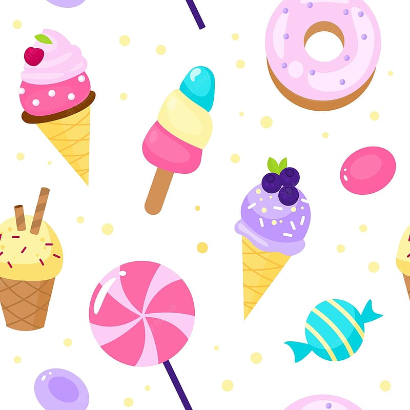 Premium Vector. Seamless pattern sweets cartoon style candies and ice cream background dessert lollipop and donut pink colour girly decor decor textile wrapping paper vector print, HD phone wallpaper