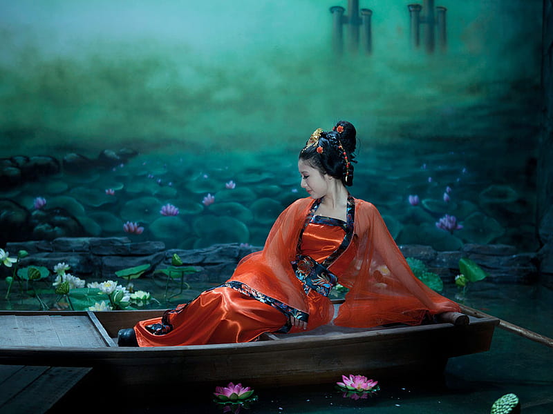 Asian girl, pond, boat, lotus, girl, asian, chinese, pink, HD wallpaper