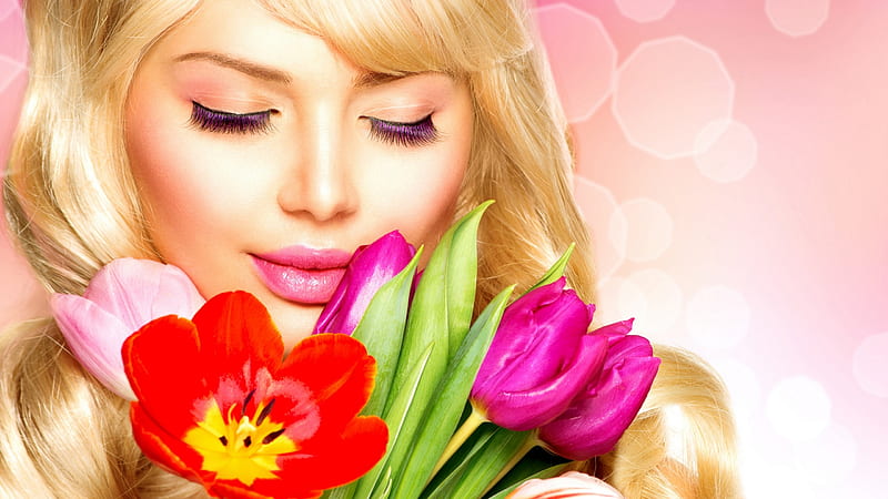 ლ, Girl, Tulips, Face, Blonde, HD wallpaper