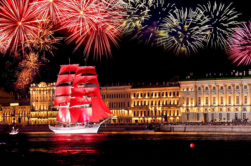 Fireworks over St. Peterburg, red, pretty, colorful, sails, st peterburg, rossia, bonito, lights, europe, frigate, nice, fireworks, effects, river, night, lovely, pyrotechnics, palace, building, fire, water, sparkler, sailboat, castle, HD wallpaper