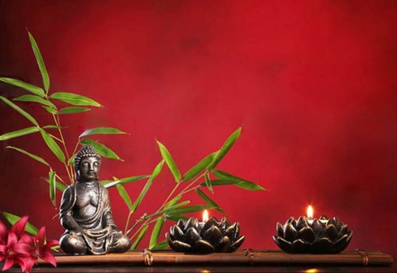 Zen, red, budha, relax, candles, HD wallpaper