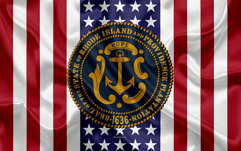 Rhode Island, USA American state, Seal of Rhode Island, silk texture, US states, emblem, states seal, American flag, HD wallpaper
