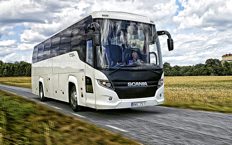 Scania Touring Bus, 2019, passenger bus, transportation of passengers, travel by bus concepts, bus on the road, Scania, HD wallpaper