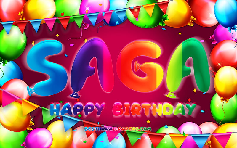 Happy Birtay Saga colorful balloon frame, Saga name, purple background, Saga Happy Birtay, Saga Birtay, popular swedish female names, Birtay concept, Saga, HD wallpaper