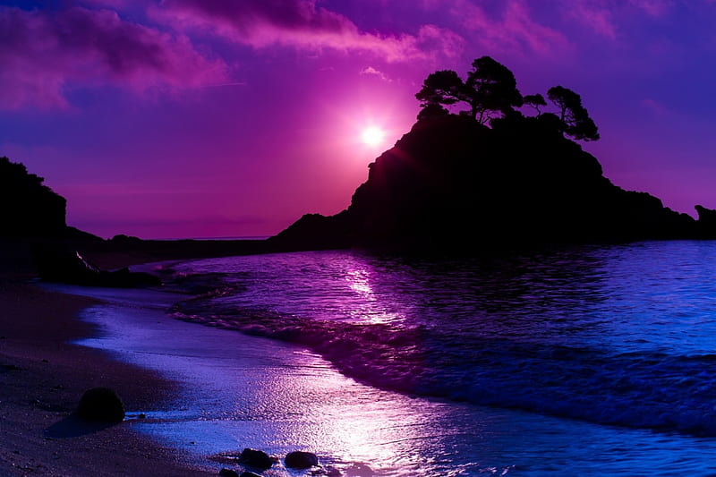 Island at Sunset, rocks, ocean, sunset, waves, trees, sky, clouds, coast line, beach, sand, Island, HD wallpaper