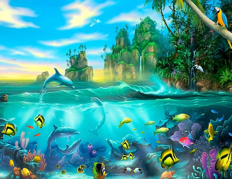 ★Ocean Paradise★, corals, pretty, colorful, oceans, panoramic view, bonito, paintings, dolphins, sealife, animals, blue, underwater, fishes, lovely, colors, love four seasons, birds, creative pre-made, seahorses, paradise, summer, nature, HD wallpaper