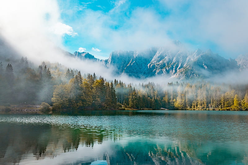 lake, foggy, mountains, reflection, cozy, scenery, Landscape, HD wallpaper