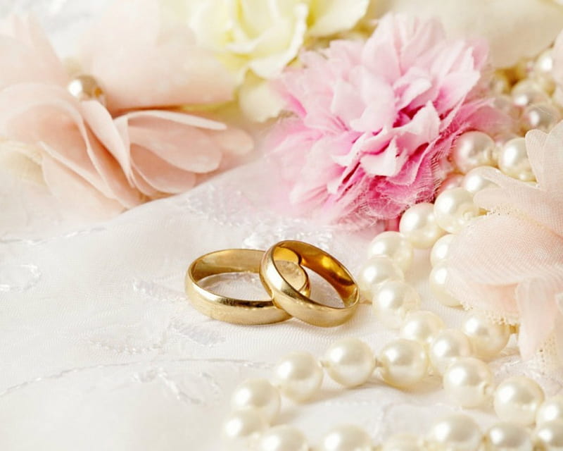 Wedding rings, rings, flowers, pearls, wedding, HD wallpaper