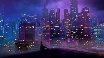 Anime Cityscape, Night, Buildings, Balcony, Stars, lo fi phone HD phone  wallpaper | Pxfuel
