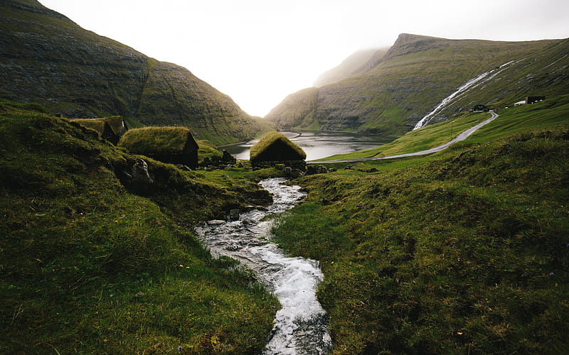 bay, Iceland, sea, morning, sunrise, mountain stream, green hills, HD wallpaper