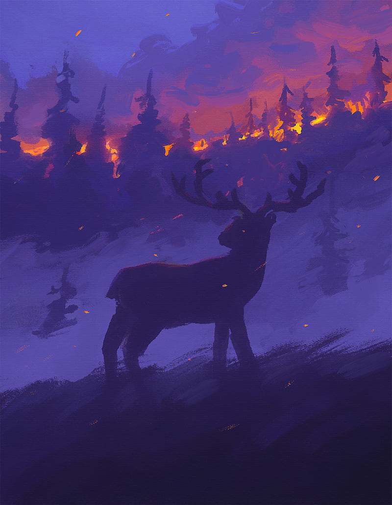 Sylar, painting, artwork, moose, snow, fire, embers, forest, HD phone wallpaper