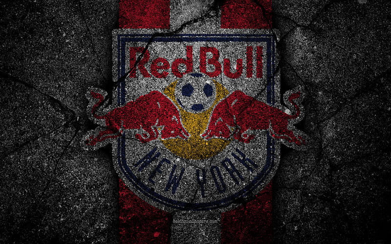New York Red Bulls FC, MLS, asphalt texture, Eastern Conference, black stone, football club, USA, New York Red Bulls, soccer, logo, FC New York Red Bulls, HD wallpaper