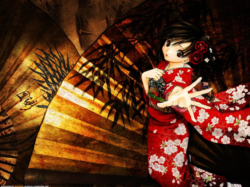 Japanese Beauty, fans, japanese, anime, flowers, beauty, red kimono ...