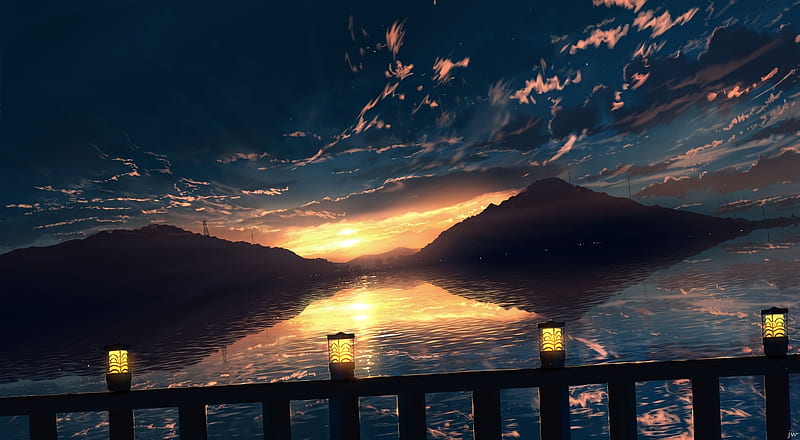 anime sunset, scenery, anime landscape, lantern, fence, sky, Anime, HD wallpaper