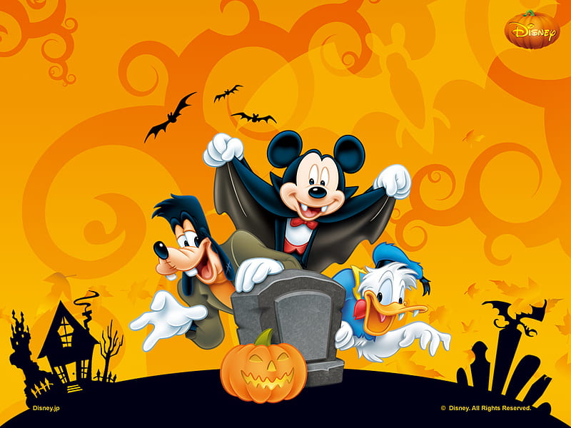 Halloween Disney, october 31, orange, halloween, mouse, pumpkin, night, HD wallpaper