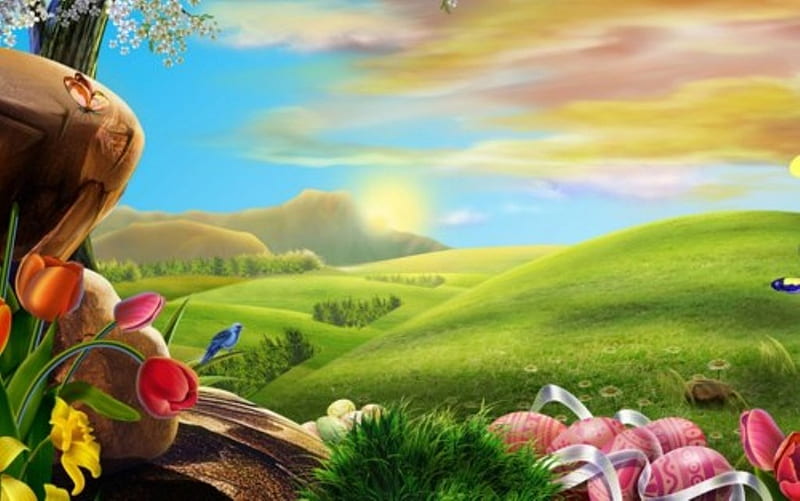 amazing landscape pic, sky, beautiful flowers, green nature, mountains, HD wallpaper