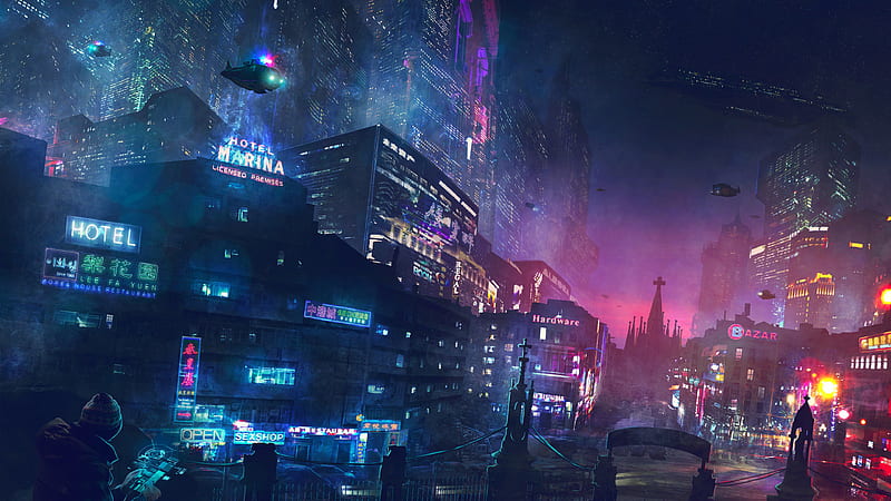 cyberpunk city, futuristic, neon lights, buildings, aircrafts, Fantasy, HD wallpaper