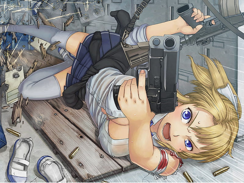 angry gunner, ammo, dive, pistol, bra, usp, blonde, blood, m4a1, blue eyes, HD wallpaper