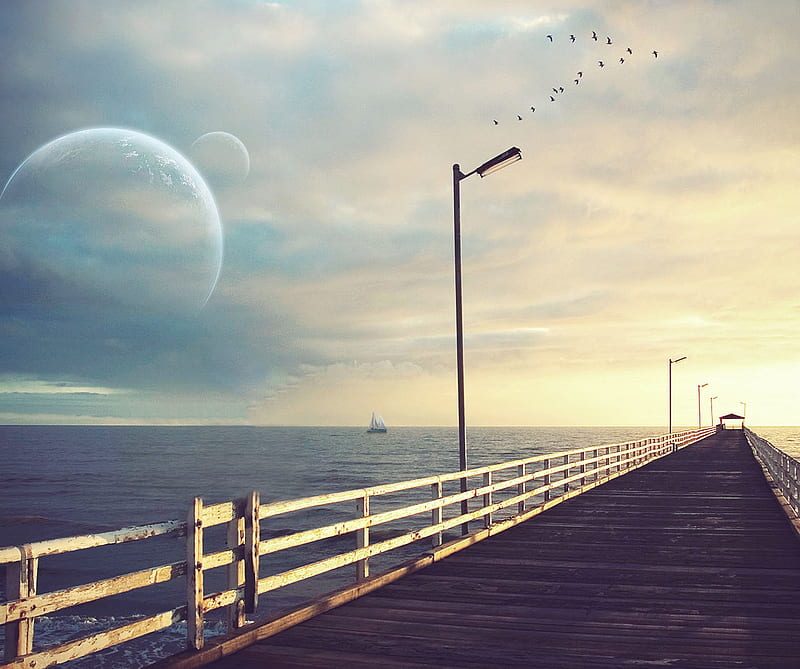 Beautiful View, birds, bridge, lakeside, landscape, moon, pier, sea, HD wallpaper