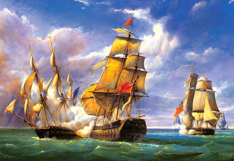 Sea battle, ships, art, ocean, frigates, bonito, waves, sky, clouds, storm, sea, water, battle, painting, HD wallpaper