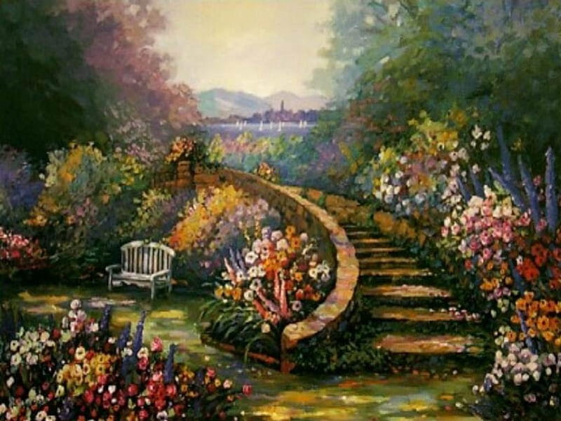 Summer Garden, seat, trees, sky, fantasy, summer, flowers, path, garden, steps, HD wallpaper