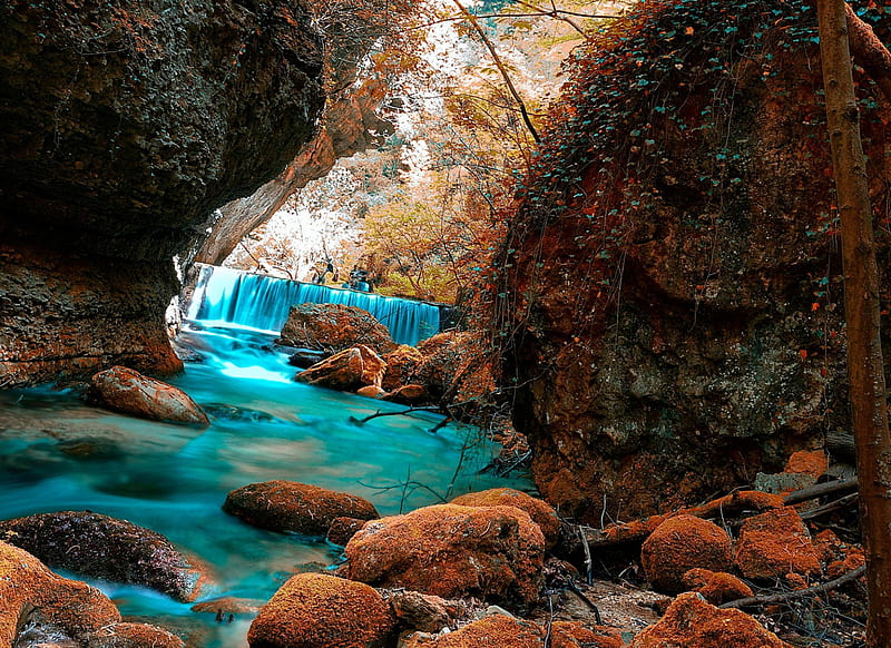 On The Valley, rocks, stones, turquoise water, river, bonito, trees, waterfalls, HD wallpaper