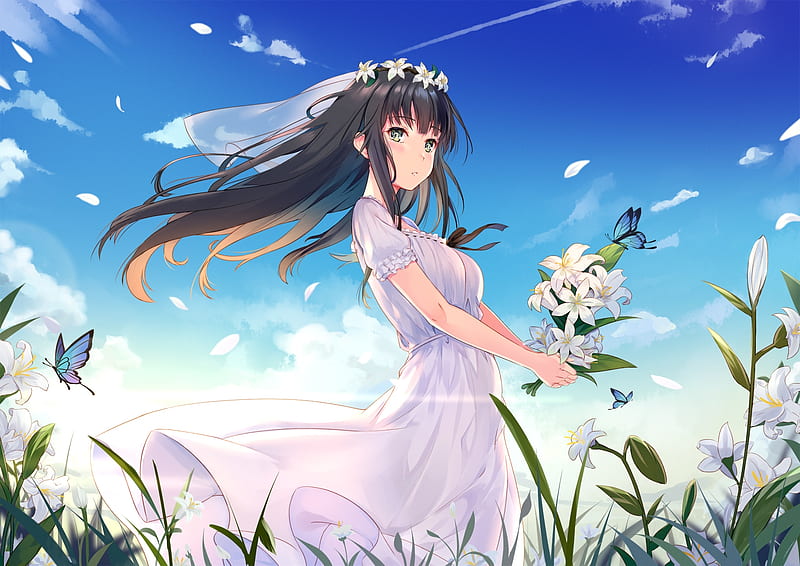 shirahane suou, flowers le volume sur hiver, visual novel, wedding dress, flowers, Anime, HD wallpaper