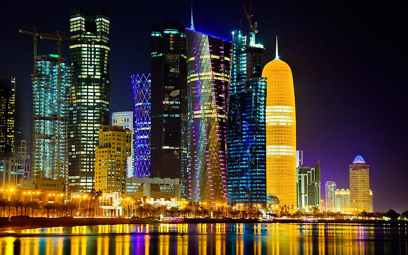 Doha, modern architecture, skyscrapers, Qatar, nightscapes, HD wallpaper