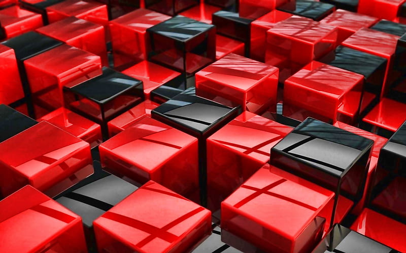red and black cubes, geometry, 3D art, geometric shapes, cubes, HD wallpaper
